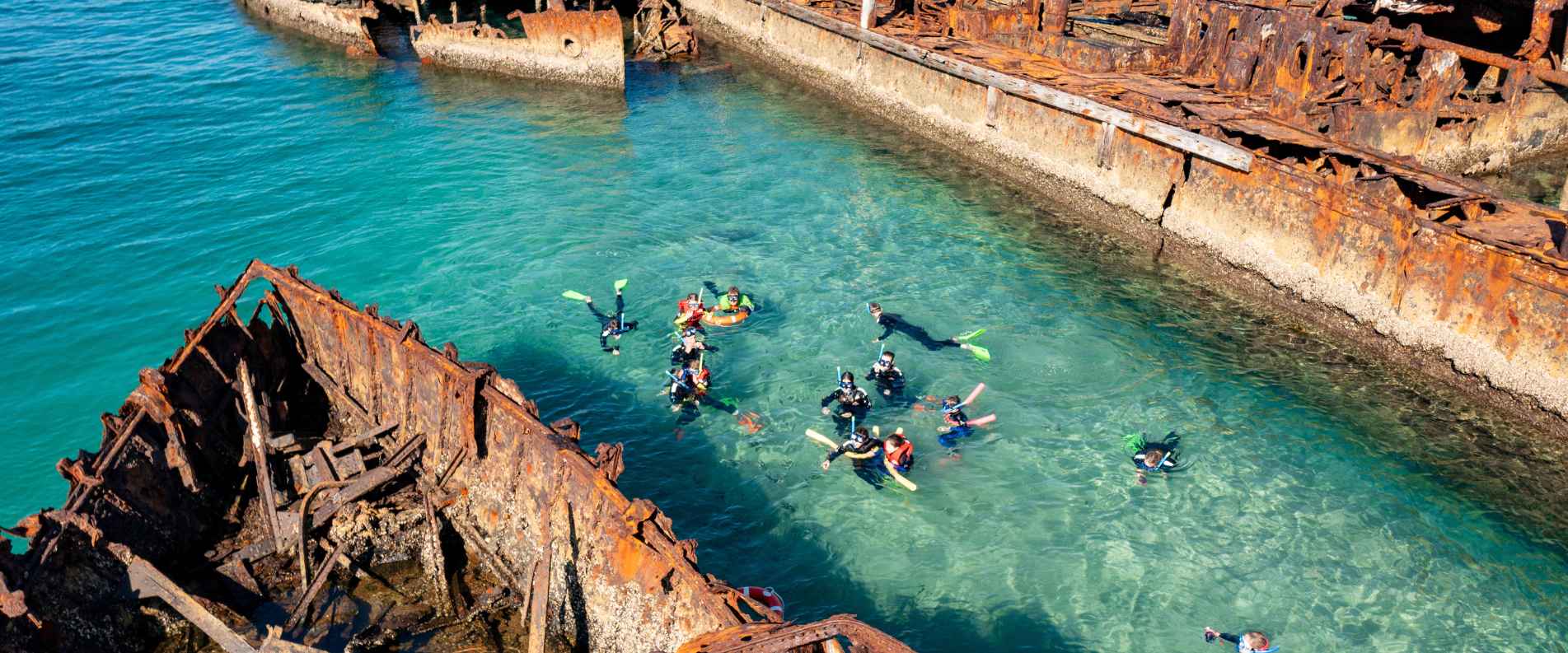 people snorkeling the Tangalooma Wrecks